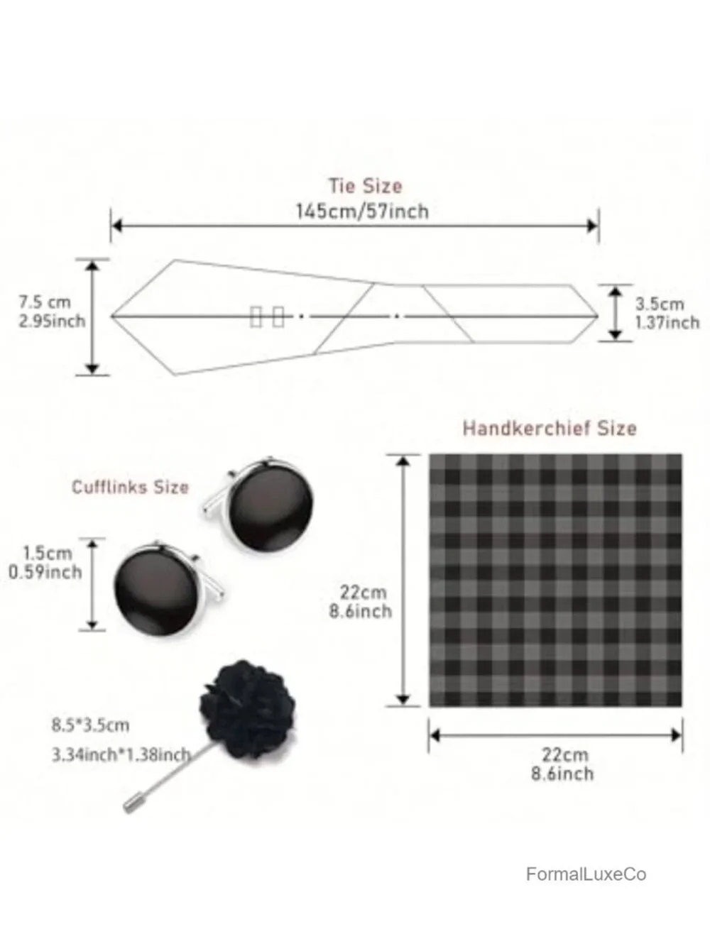 Men's Tie Set with Pocket Square, Cufflinks & Brooch - Formal Microfiber
